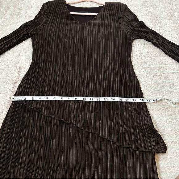 Connected Apparel Chocolate Brown 3/4 Sleeve Micro Pleat Midi Dress Size 12 Tier - Picture 8 of 10